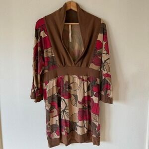 Renee C Brown Floral Top/Dress Deep V-Neck Sz L